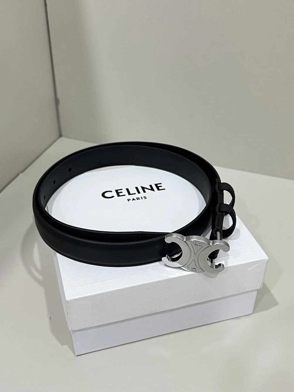 CELINE Black Leather Triomphe Buckle Belt